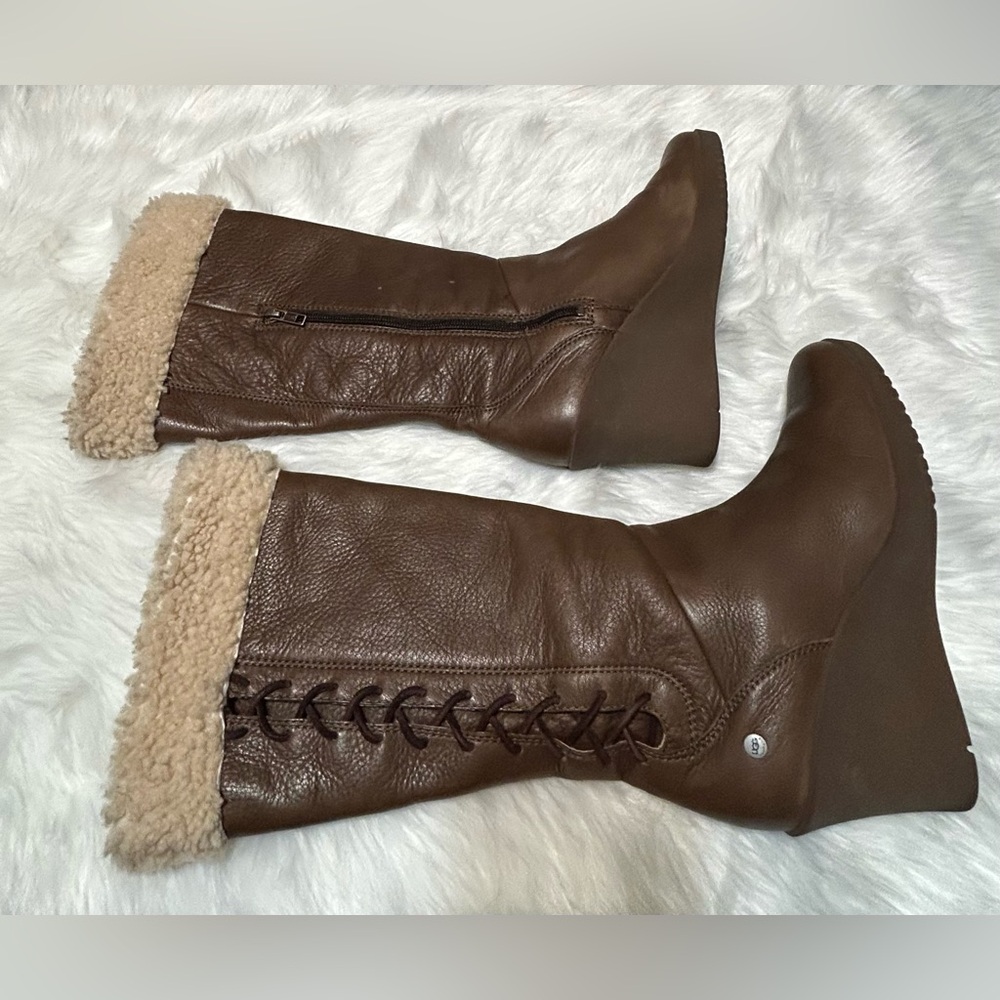 UGG Felicity Brown Shearling-Lined Mid Calf Lace Leather Wedge Boots - Picture 3 of 15